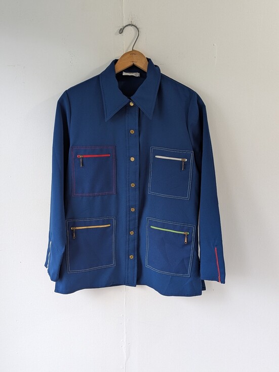 King James Tops - Vintage King James Utility Pocket Shirt Button Up Blue with Contrast Zip Accents